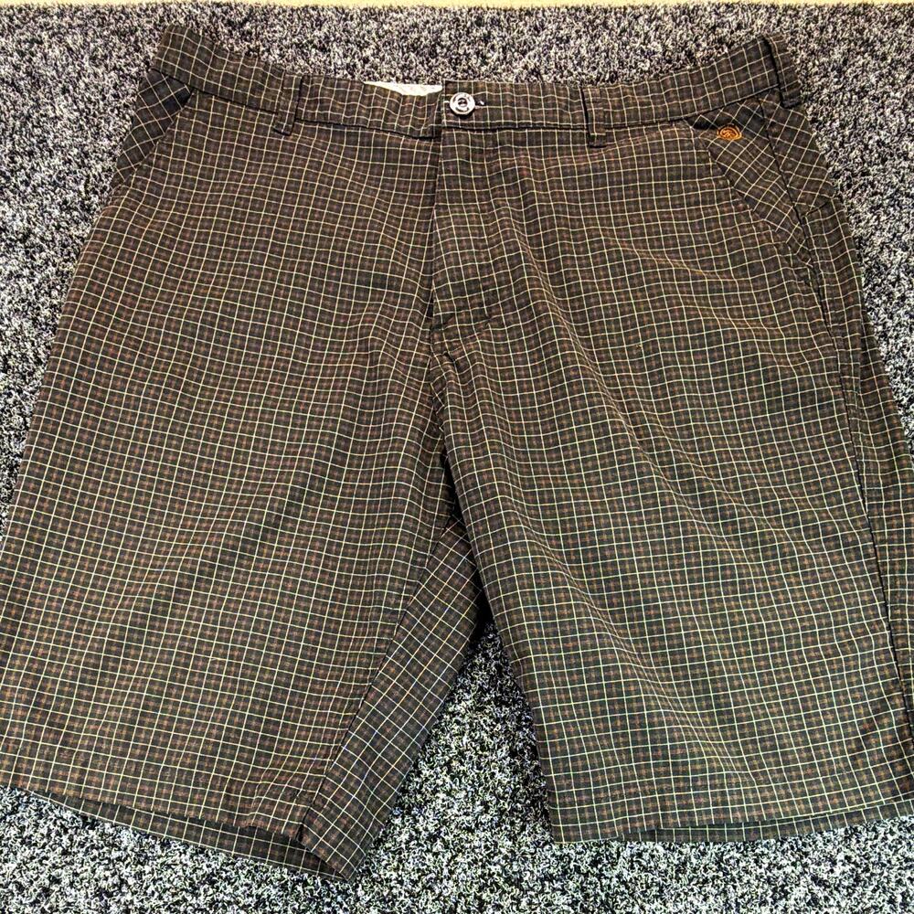 Element Men's Brown Plaid Chino Shorts Flat Front Stretch Pockets Button